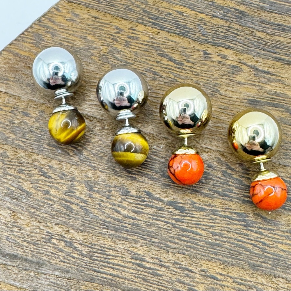 2 pairs of double ball stud earrings tigers eye stone and coral red dyed howlite